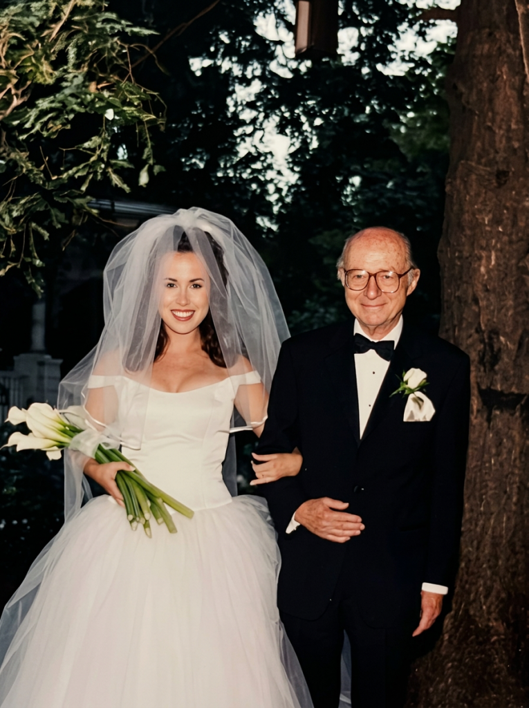 photo of woman in wedding dress and her father in a tuxedo