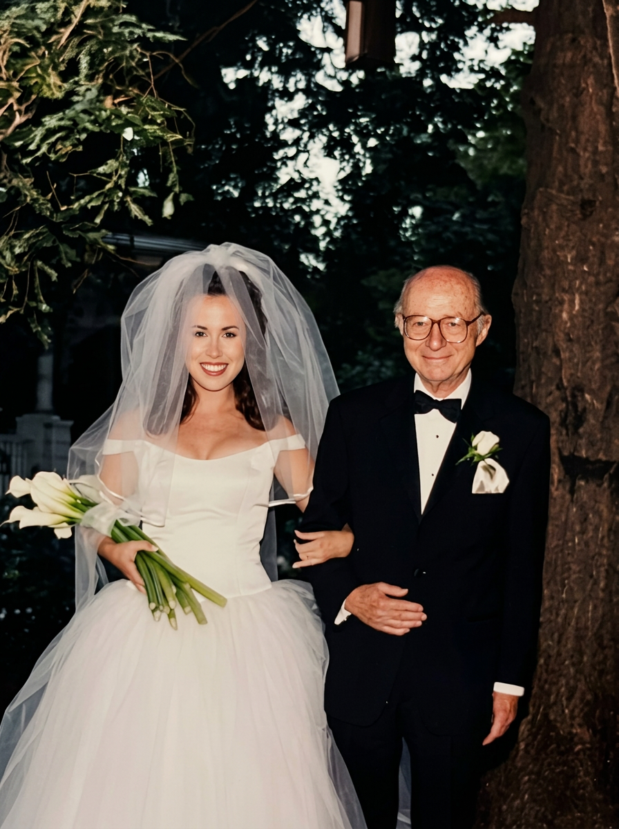 photo of woman in wedding dress and her father in a tuxedo